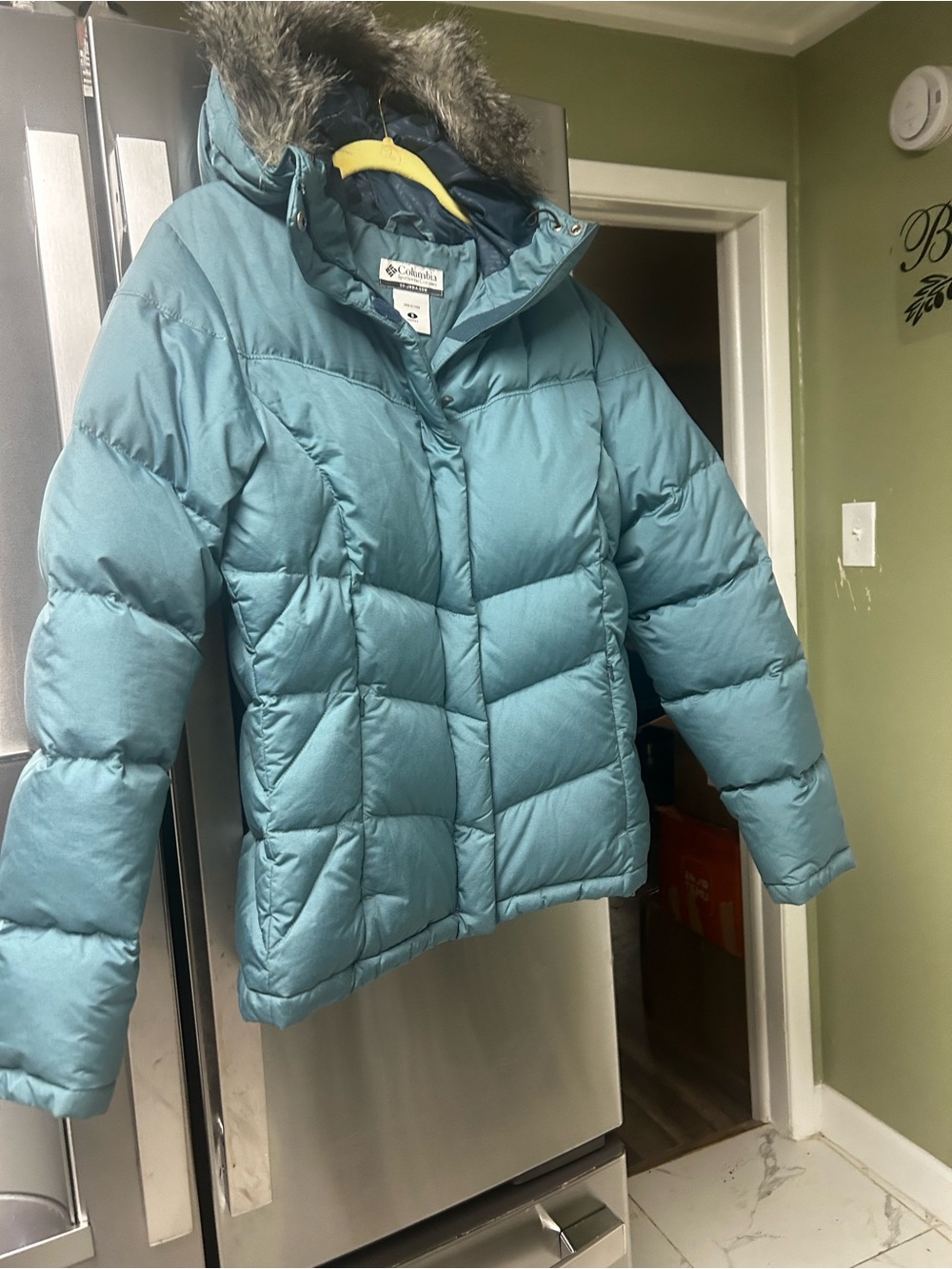 Columbia Teal Blue Women Puffy Jacket with Faux Fur Hood